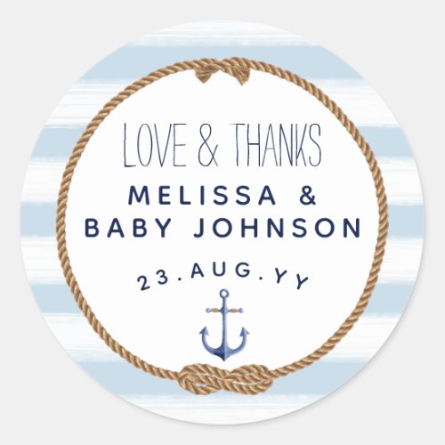 Baby Blue Love  Thanks Nautical Baby Shower Favor Classic Round Sticker