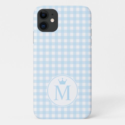 Baby Blue Medium Gingham Monogram with Crown iPhone 11 Case