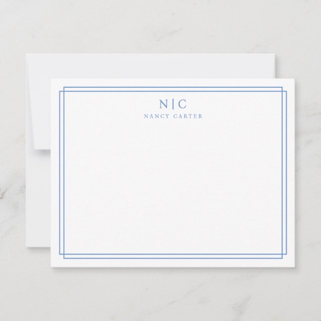 Baby Blue Monogram Geometric Border Note Card (Front)