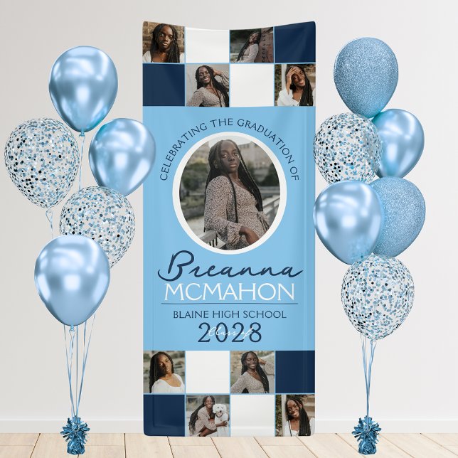 Baby Blue & Navy 9 Photo Collage Graduation Vinyl Banner (Navy Blue and Baby Blue 9 Photo Vinyl Graduation Hanging Banner. Indoor or Outdoor Use!)