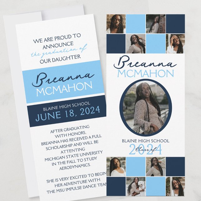 Baby Blue & Navy 9 Photo Graduation Announcement (White, Light Blue and Navy Blue 9 Photo Formal Elegant Graduation Announcements)