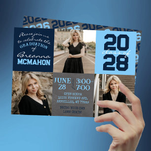 Baby Blue & Navy Chalkboard 3 Photo Graduation Invitation