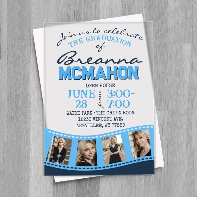 Baby Blue & Navy Filmstrip Graduation Frosted Acrylic Invitations (Trendy Arched Graduation Photo Filmstrip Baby Blue & Navy Frosted Acrylic Invitations)