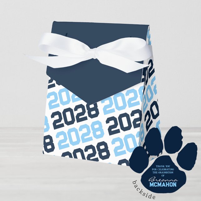 Baby Blue & Navy Grad Thank You Pawprint Back Gift Favor Boxes (Repeating Class of ANY Year Navy and Light Blue Favor Gift Boxes)