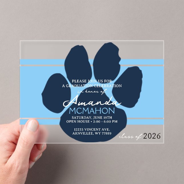 Baby Blue & Navy Pawprint Graduation Elegant Acrylic Invitations (Insitu (Handheld))