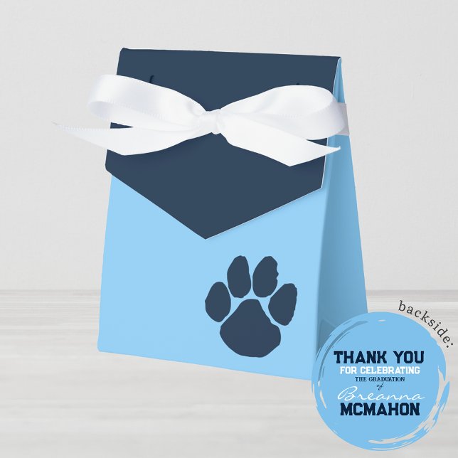 Baby Blue & Navy Pawprint Graduation Favor Boxes (Pawprint Navy Blue and Light Baby Blue Favor Gift Boxes with Personalized Backside)