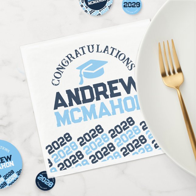 Baby Blue Navy Personalized Graduation Party Paper Napkins (Repeating Class Year + Baby Blue Graduation Cap Personalized Paper Napkins)