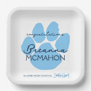 Baby Blue & Navy Personalized Graduation Paw Paper Plates
