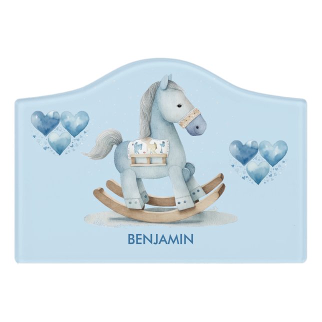 Baby Blue Nursery Rocking Horse Name  Door Sign (Small Crest Front)