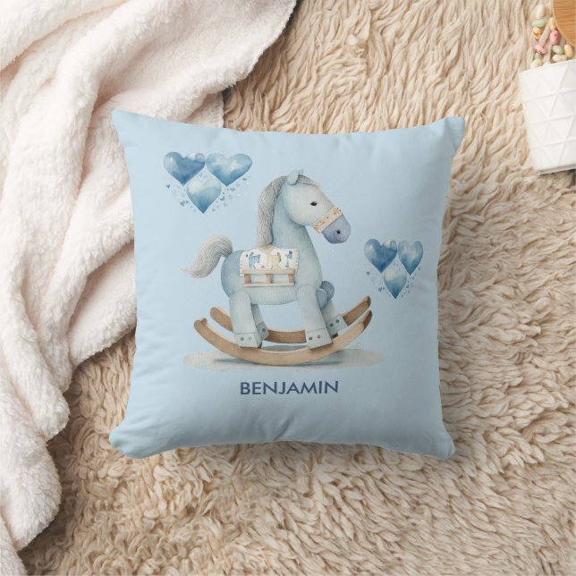 Baby Blue Nursery Rocking Horse Name  Throw Pillow (Blanket)