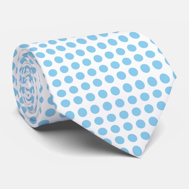 Baby Blue on White Large Horizontal Polka Dots Neck Tie (Rolled)