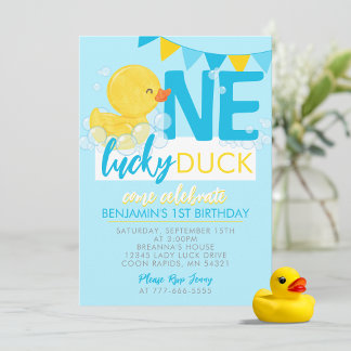 Baby Blue One Lucky Duck Watercolor 1st Birthday Invitation