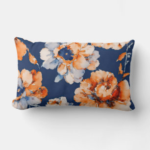 Baby blue, orange and navy floral lumbar pillow