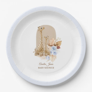 Baby Blue Pampas Grass Giraffe Baby Shower Paper Plates