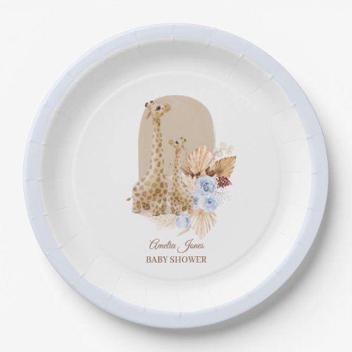 Baby Blue Pampas Grass Giraffe Baby Shower Paper Plates