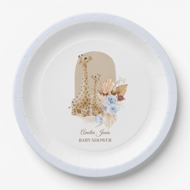 Baby Blue Pampas Grass Giraffe Baby Shower Paper Plates (Front)