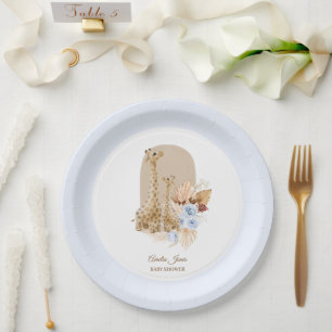 Baby Blue Pampas Grass Giraffe Baby Shower  Paper Plates