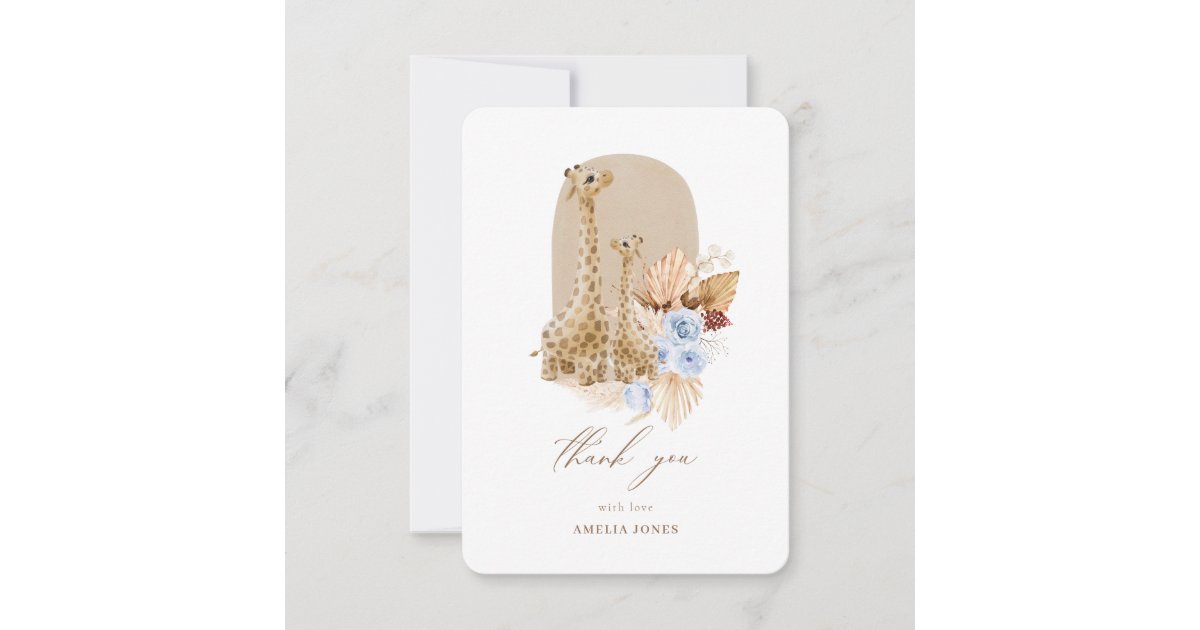 Baby Blue Pampas Grass Giraffe Baby Shower Thank You Card | Zazzle