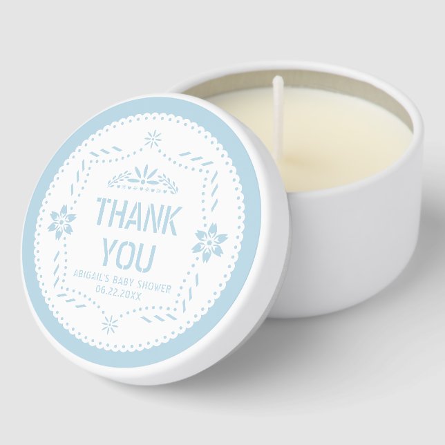Baby blue papel picado Thank You Baby Boy Shower Mini Candle Favors (Corner)