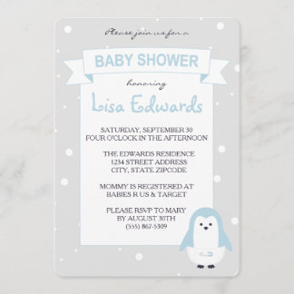 Baby Blue Penguin Baby Shower Invitation