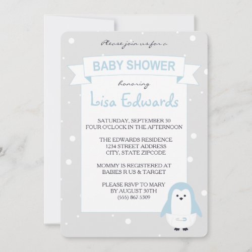 Baby Blue Penguin Baby Shower Invitation