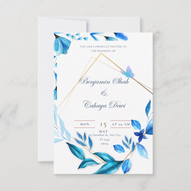 baby blue petal and white simple wedding invitatio (Front)