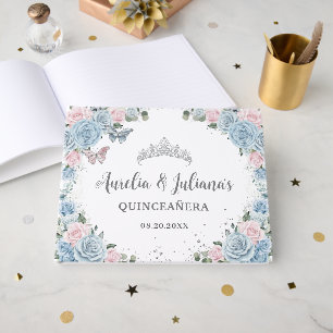 Baby Blue Pink Floral Butterflies Twin Quinceañera Guest Book