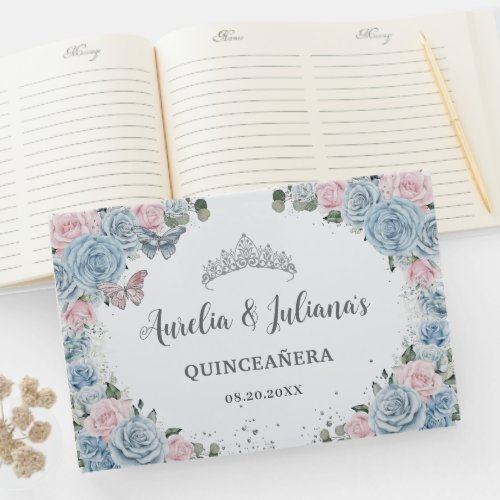 Baby Blue Pink Floral Butterflies Twin Quinceaera Guest Book