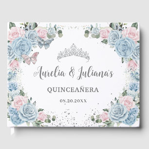 Baby Blue Pink Floral Butterflies Twin Quinceañera Guest Book
