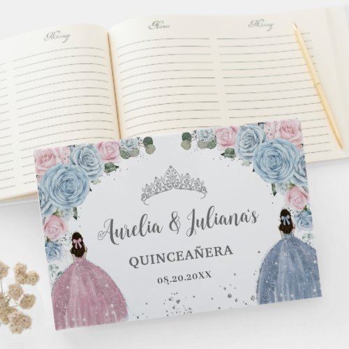 Baby Blue Pink Floral Princesses Twins Quinceaera Guest Book