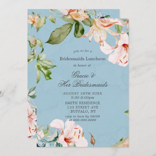 Baby Blue Pink Lily Bridesmaids Luncheon Invites