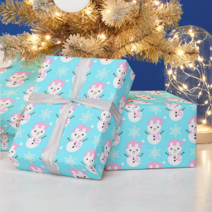 Baby Blue, Pink & White Christmas Snowman Wrapping Paper