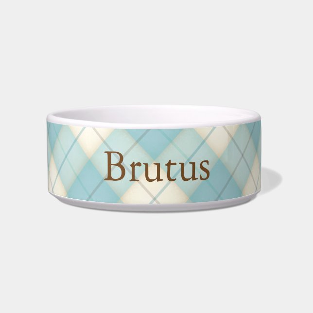 Baby Blue Plaid Tartan Personalized Cat or Dog Bowl (Front)