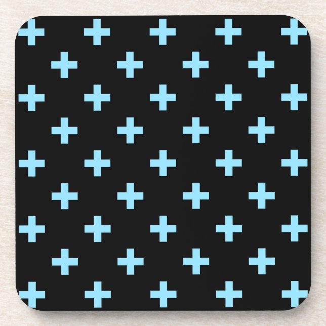 Baby blue polka crosses on black beverage coaster (Front)