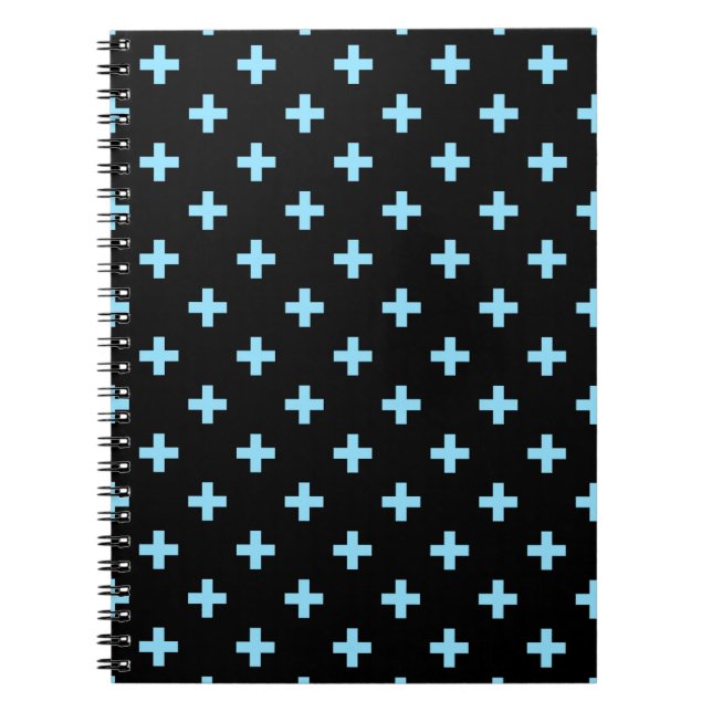 Baby blue polka crosses on black notebook (Front)