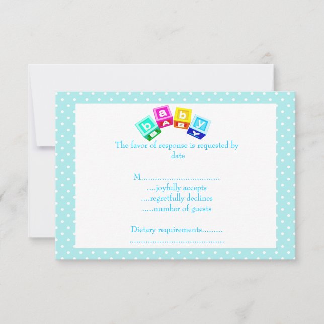 baby blue polka dot blocks RSVP card (Front)