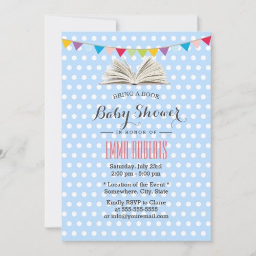 Baby Blue Polka Dots Bring a Book Baby Shower 5x7 Paper Invitation Card