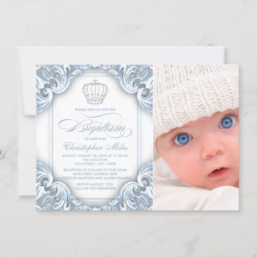 Baby Blue Prince Crown Baptism Invitation