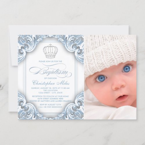 Baby Blue Prince Crown Baptism Invitations