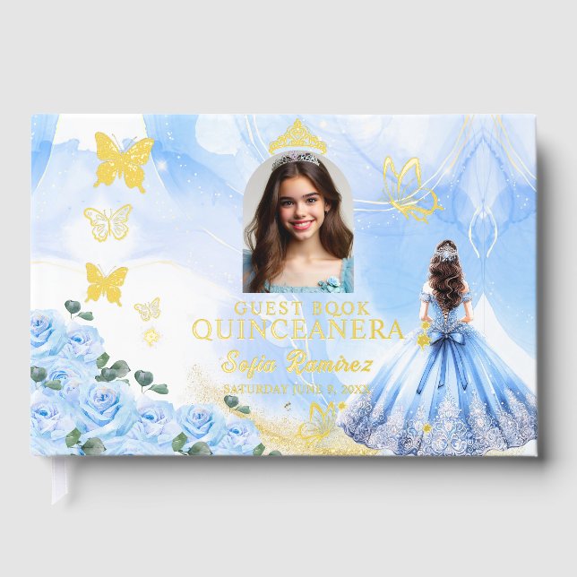Baby Blue Princess Photo Gold Foil Quinceañera Foil Guest Book (Front)