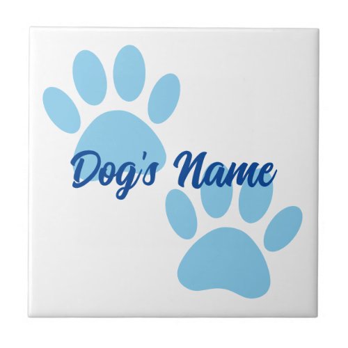 Baby Blue Puppy Paw Prints Custom Name Ceramic Tile