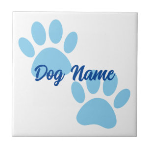 Baby Blue Puppy Paw Prints Editable Name Ceramic Tile