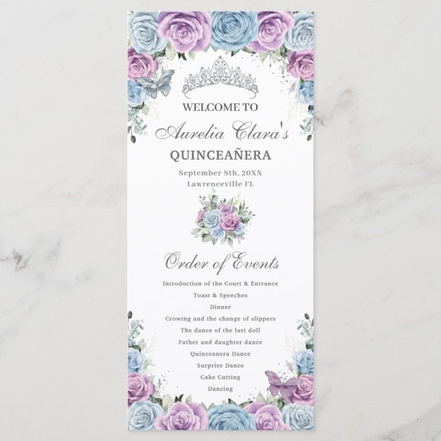 Baby Blue Purple Floral Quinceañera Order Events Program (Front)