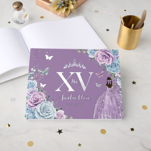 Baby Blue Purple Lilac Floral Silver Quinceañera Foil Guest Book