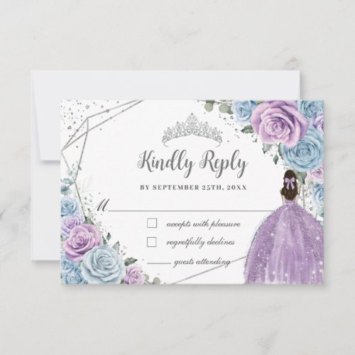 Baby Blue Purple Lilac Floral Silver Quinceaera RSVP Card