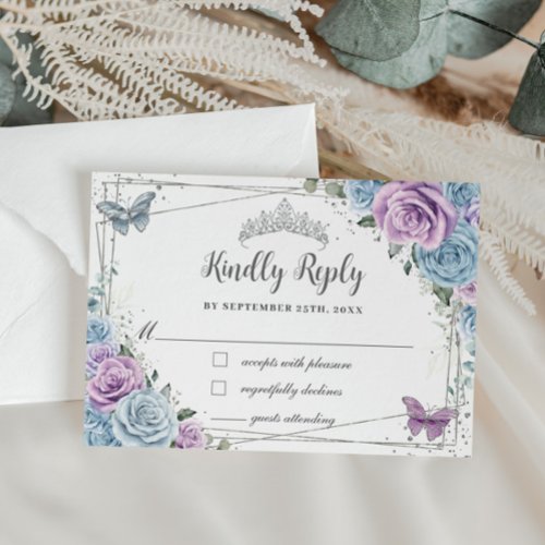 Baby Blue Purple Lilac Floral Silver Quinceaera RSVP Card