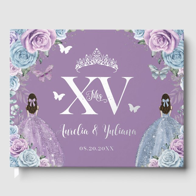 Baby Blue Purple Lilac Floral Twins Quinceañera Foil Guest Book (Front)