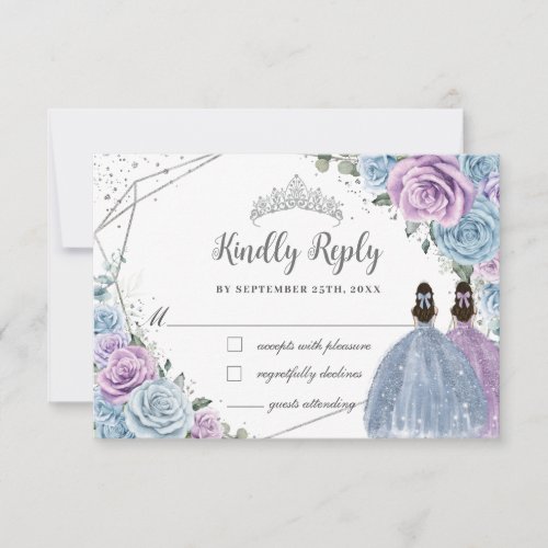 Baby Blue Purple Lilac Floral Twins Quincea&#241;era RSVP Card