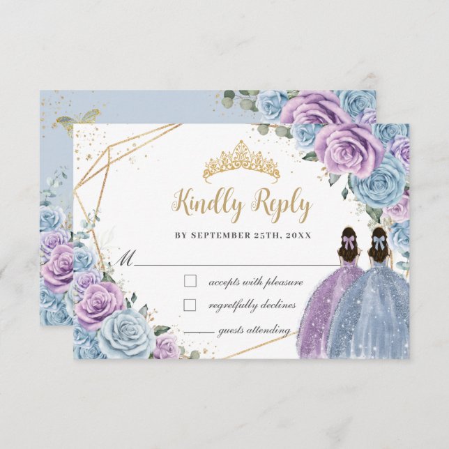 Baby Blue Purple Lilac Floral Twins Quinceañera RSVP Card (Front/Back)