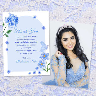 Baby Blue Quinceañera Roses and Butterflies Photo Thank You Card